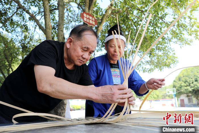 图为侗族妇女在学习竹编技艺。龚普康 摄