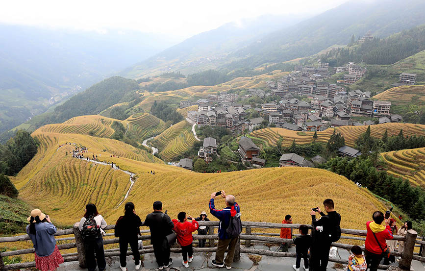 游客欣赏梯田美景